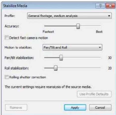 Stabilize Media Profile: General footage, medium analysis Accuracy: Fastest Best Detect fast camera motion Motion to stabilize: Per/Tilt and Roll Pan/tilt stabilization: 30 Roll stabilization: 20 Rolling shutter correction The current settings require reanalysis of the source media. Use Profile Defaults Remove Apply Cancel