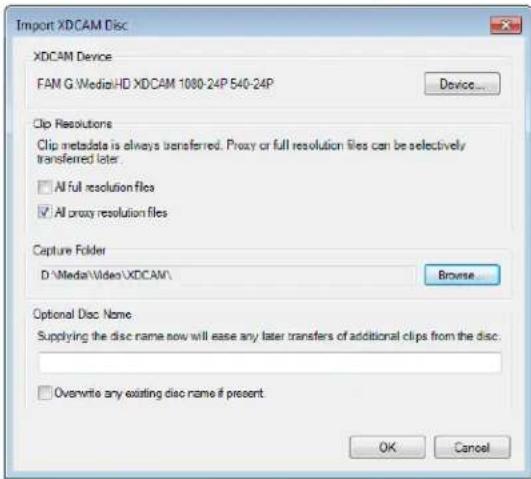Import XDCAM Disc XDCAM Device FAM G:\Media\HD XDCAM 1080-24P 540-24P Device... Clip Resolutions Clip metadata is always transferred. Proxy or full resolution files can be selectively transferred later. □ All full resolution files ✓ All proxy resolution files Capture Folder D:\Media\Video\XDCAM\ Browse Optional Disc Name Supplying the disc name now will ease any later transfers of additional clips from the disc: □ Overwrite any existing disc name if present OK Cancel