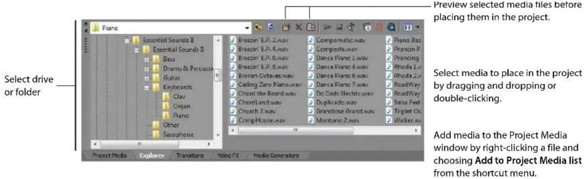 Preview selected media files before placing them in the project. Select drive or folder Brezzin' E.P, 2.wav Brezzin' E.P, 4.wav Brezzin' E.P, 6.wav Brezzin' E.P, 8.wav Broken Octaves.wav Calling Zero Piano.wav Chord the Board.wav ChordLand.wav Church 2.wav CompHouse.wav Compomatic.wav Composte.wav Dance Piano 1.wav Dance Piano 4.wav Dance Piano 6.wav Dance Piano 7.wav Do Dads Electric.wav Duplicado.wav Grandlose Grand.wav Montuno 2.wav Piano Bas Prancin P Prancing Rhoda 1.wav Rhoda 2.wav RoadWay RoadWay Salsa Feel Triplet Oc Walker.wav Add media to the Project Media window by right-clicking a file and choosing Add to Project Media list from the shortcut menu. Project Media Explorer Transistors Video FX Media Generators