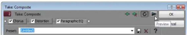 Take: Composte 2 Take: Composte ✓ Chorus ✓ Distortion ✓ ParagraphEQ Preview Cancel Preset: Untitled