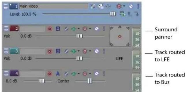 Main video Level: 100.0 % Vol: 0.0 dB Surround panner Vol: 0.0 dB LFE Track routed to LFE Track routed to Bus 0.0 dB Center