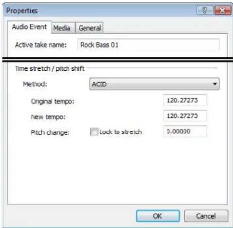 Properties Audio Event Media General Active take name: Rock Bass 01 Time stretch / pitch shift Method: ACID Original tempo: 120.27273 New tempo: 120.27273 Pitch change: Lock to stretch 0.00000 OK Cancel