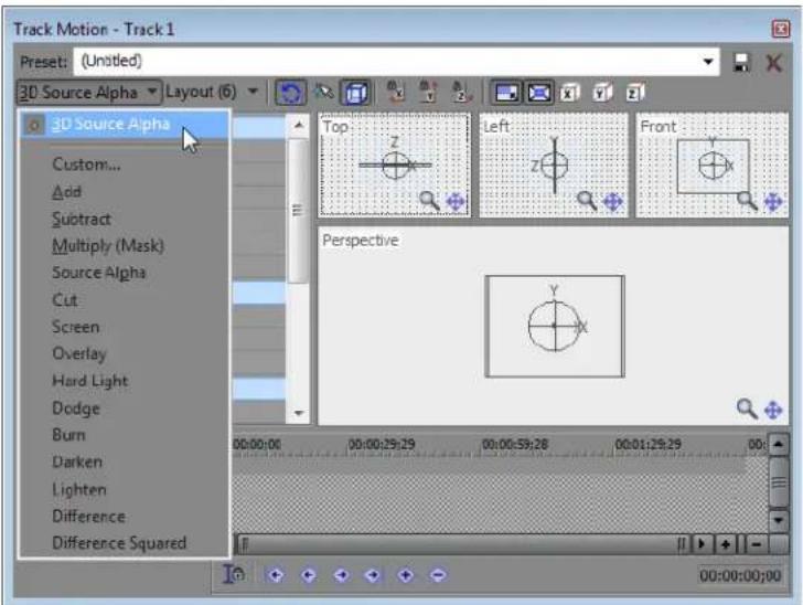 Track Motion - Track 1 Preset: (Untitled) 3D Source Alpha Layout (6) 3D Source Alpha Custom... Add Subtract Multiply (Mask) Source Alpha Cut Screen Overlay Hard Light Dodge Burn Darken Lighten Difference Difference Squared Top Z Left Z Front Perspective 00:00:00 00:00:29:29 00:00:59:28 00:01:29:29 00: 00:00:00:00
