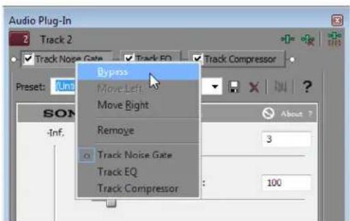 Audio Plug-In Track 2 Track Nose Gate Track EQ Track Compressor Bypass Move Left Move Right Remove Track Noise Gate Track EQ Track Compressor About 7 3 100 Preset: Unt -Inf. SON