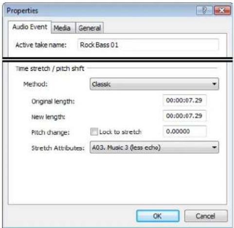 Properties Audio Event Media General Active take name: Rock Bass 01 Time stretch / pitch shift Method: Classic Original length: 00:00:07.29 New length: 00:00:07.29 Pitch change: Lock to stretch 0.00000 Stretch Attributes: A03. Music 3 (less echo) OK Cancel