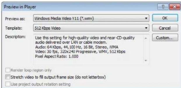 Preview in Player Preview as: Windows Media Video Y11 (*.wmv) Template: 512 Kbps Video Description: Use this setting for high-quality video and near-CD-quality audio delivered over LAN or cable modem. Audio: 64 Kbps, 44,100 Hz, 16 Bit, Stereo, WMA Video: 30 fps, 320x240 Progressive, WMV, 512 Kbps Pixel Aspect Ratio: 1.000 Render loop region only Stretch video to fill output frame size (do not letterbox) Use project output rotation setting