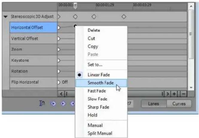 Stereoscopic 3D Adjust Horizontal Offset Delete Cut Copy Paste Set to... Linear Fade Smooth Fade Fast Fade Slow Fade Sharp Fade Hold Manual Split Manual