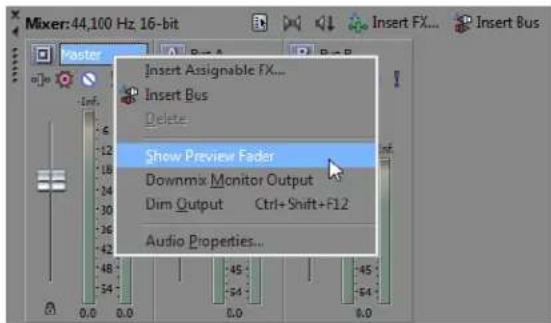 Mixer: 44,100 Hz 16-bit Insert FX... Insert Bus Insert Assignable FX... Insert Bus Delete Show Preview Fader Downmix Monitor Output Dim Output Ctrl+Shift+F12 Audio Properties...