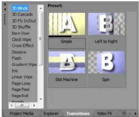 3D Binds 3D Cascade 3D Fly In/Out 3D Shuffle Born Door Clock Wipe Cross Effect Dissolve Flash Gradient Wipe Iris Linear Wipe Page Loop Page Peel Page Roll Double Preset: A B Simple Left to Right B B Slot Machine Spin Project: Media Explorer Transitions Video FX