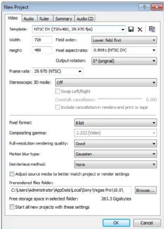 New Project Video Audio Ruler Summary Audio CD Template: NTSC DV (720x480, 29.970 fps) Width: 720 Field order: Lower field first Height: 480 Pixel aspect ratio: 0.9091 (NTSC DV) Output rotation: 0° (original) Frame rate: 29.970 (NTSC) Stereoscopic 3D mode: Off Swap Left/Right Crosstalk cancellation: 0.000 Include cancellation in renders and print to tape Pixel format: 8-bit Compositing gamma: 2.222 (Video) Full-resolution rendering quality: Good Motion blur type: Gaussian Deinterlace method: None Adjust source media to better match project or render settings Prerendered files folder: C:\Users\Administrator\AppData\Local\Sony\Vegas Pro\10.0\ Free storage space in selected folder: 263.3 Gigabytes Start all new projects with these settings OK Cancel