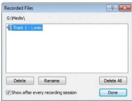 Recorded Files G:\Media\ Track 1 - L.wav Delete Rename Delete All ✓ Show after every recording session Done