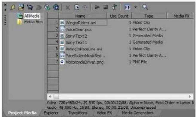 All Media Media Bins 1 WingraRiders.avi 2 VoiceOver.pca 3 Sony Text 2 4 Sony Text 1 5 RidingInPaceLine.avi 6 PaceRidersMuskBed... 7 MotorcycleDriver.png 1 Video Clip 1 Perfect Clarity A... 1 Generated Media 1 Generated Media 1 Video Clip 1 Perfect Clarity A... 1 PNG File Project Media Explorer Transitions Video FX Media Generators