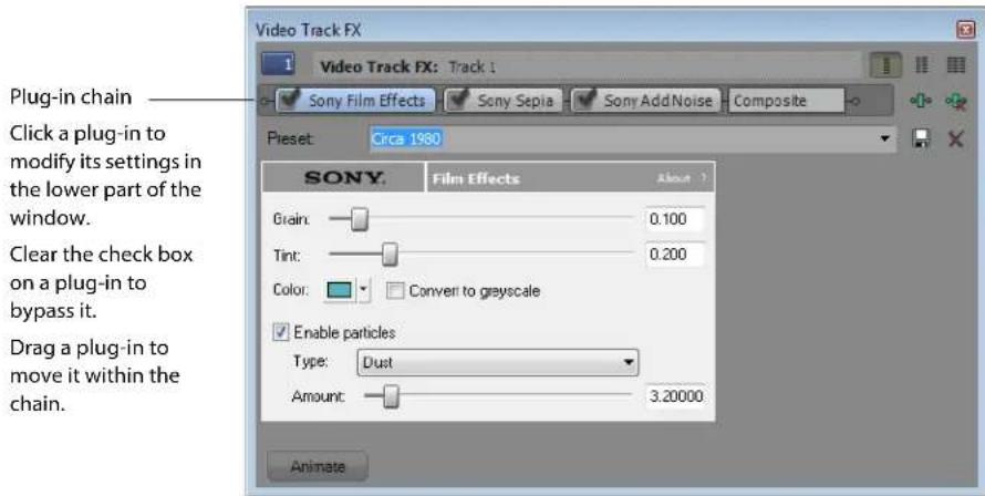 Plug-in chain Click a plug-in to modify its settings in the lower part of the window. Clear the check box on a plug-in to bypass it. Drag a plug-in to move it within the chain. Video Track FX 1 Video Track FX: Track 1 Sony Film Effects Sony Sepia Sony Add Noise Composite Preset: Circa 1980 SONY. Film Effects About 1 Grain: 0.100 Tint: 0.200 Color: Convert to grayscale Enable particles Type: Dust Amount: 3.20000 Animate