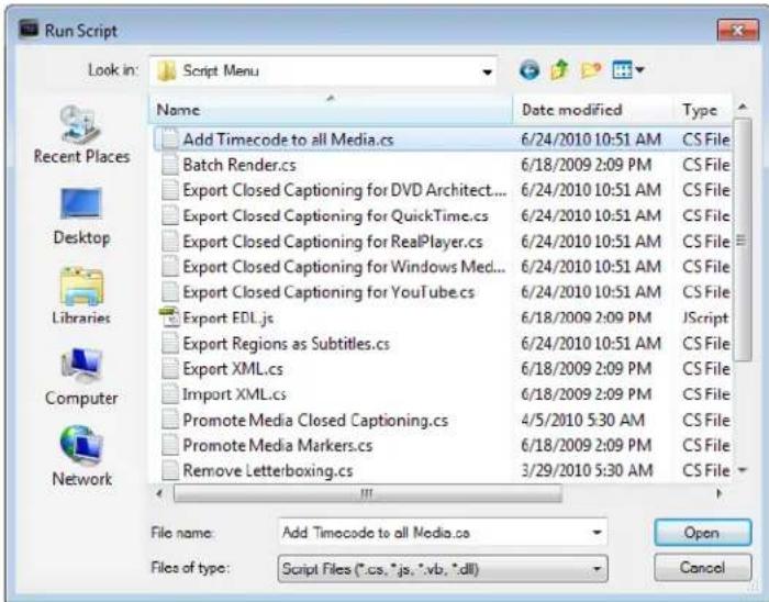 Run Script Look in: Script Menu Name Date modified Type Add Timecode to all Media.cs 6/24/2010 10:51 AM CS File Batch Render.cs 6/18/2009 2:09 PM CS File Export Closed Captioning for DVD Architect... 6/24/2010 10:51 AM CS File Export Closed Captioning for QuickTime.cs 6/24/2010 10:51 AM CS File Export Closed Captioning for RealPlayer.cs 6/24/2010 10:51 AM CS File Export Closed Captioning for Windows Med... 6/24/2010 10:51 AM CS File Export Closed Captioning for YouTube.cs 6/24/2010 10:51 AM CS File Export EDL.js 6/18/2009 2:09 PM JScript Export Regions as Subtitles.cs 6/24/2010 10:51 AM CS File Export XML.cs 6/18/2009 2:09 PM CS File Import XML.cs 6/18/2009 2:09 PM CS File Promote Media Closed Captioning.cs 4/5/2010 5:30 AM CS File Promote Media Markers.cs 6/18/2009 2:09 PM CS File Remove Letterboxing.cs 3/29/2010 5:30 AM CS File File name: Add Timecode to all Media.cs Open Files of type: Script Files (*.cs, *.js, *.vb, *.dll) Cancel