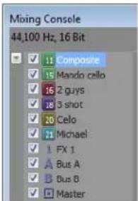 Mixing Console 44,100 Hz, 16 Bit ✓ 11 Composite ✓ 15 Mando cello ✓ 16 2 guys ✓ 18 3-shot ✓ 20 Celo ✓ 21 Michael ✓ 1 FX 1 ✓ A Bus A ✓ B Bus B ✓ Master