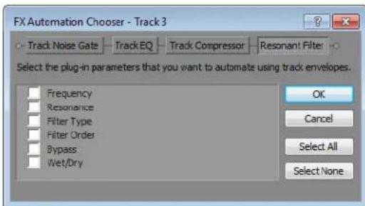 FX Automation Chooser - Track 3 Track Noise Gate Track EQ Track Compressor Resonant Filter Select the plug-in parameters that you want to automate using track envelopes. Frequency Resonance Filter Type Filter Order Bypass Wet/Dry OK Cancel Select All Select None