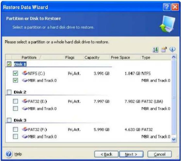ACRONIS True Image Home 11.0 - Selecting a disk/partition to restore - 1