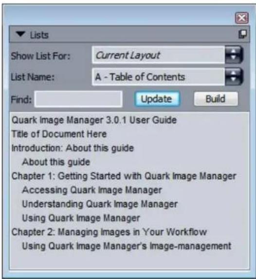 QUARK XPress 10.2 - Lists palette - 1