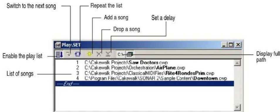 Switch to the next song Repeat the list Add a song Set a delay Enable the play list List of songs C:\Cakewalk Projects\Saw Doctors.cwp C:\Cakewalk Projects\Orchestration\AirPlane.cwp C:\Cakewalk Projects\ClassicalMIDIFies\Rite4RondesPrim.cwp C:\Program Files\Cakewalk\SONAR 2\Sample Content\Downtown.cwp End ...... Display full path
