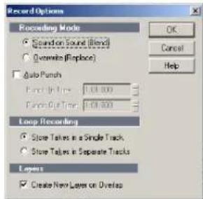 Record Options Recording Mode Sound on Sound (Blend) Overwrite (Replace) Auto Punch Found in Time: 1:00.000 Found Cut Time: 1:00.000 Loop Recording Store Takes in a Single Track Store Takes in Separate Tracks Layers Create New Layers or Overlap