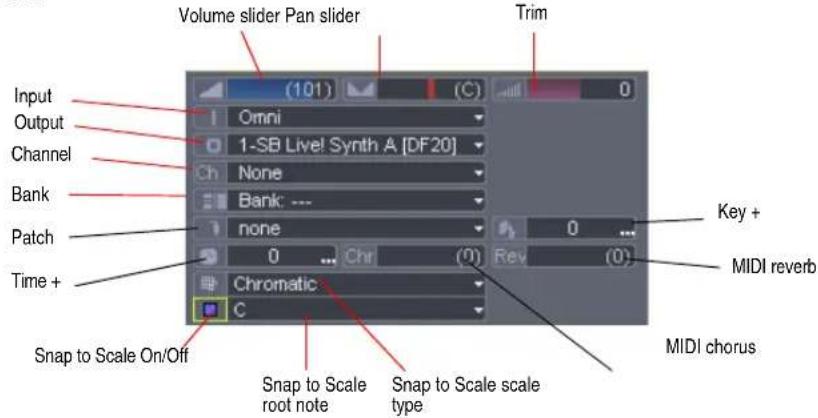 Volume slider Pan slider Trim (101) (0) Input Output Channel Bank Patch Time + Snap to Scale On/Off Omni 1-SB Live! Synth A [DF20] None Bank: --- none 0 ... Chr (0) Rev (0) Ch Ch Chromatic C Snap to Scale root note Snap to Scale scale type MIDI chorus Key + MIDI reverb MIDI chorus