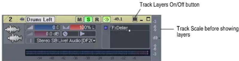 Track Layers On/Off button 2 Drums Left M S R -49.1 0.0 100% L 0.0 dB FxDelay Stereo SB Live! Audio [DF20] Track Scale before showing layers -3 -6 -0 dB- -3