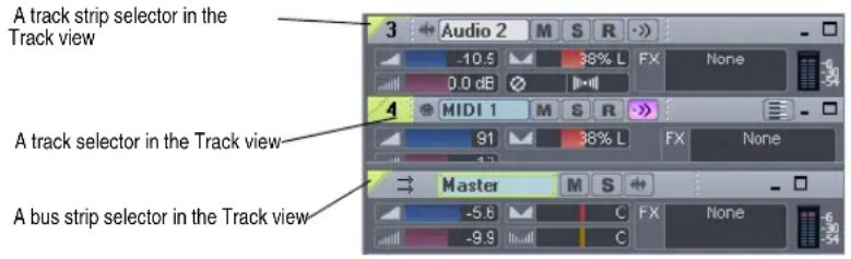 A track strip selector in the Track view 3 Audio 2 M S R -10.5 38% L FX None 0.0 dB 4 MIDI 1 M S R 91 36% L FX None Master M S -5.6 C FX None -9.9 C