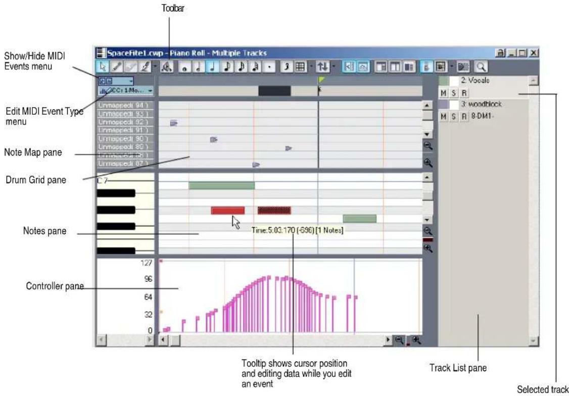 Toolbar Show/Hide MIDI Events menu Edit MIDI Event Type menu Unmapped(94) Unmapped(93) Unmapped(92) Unmapped(91) Unmapped(90) Unmapped(89) Unmapped(88) Note Map pane Drum Grid pane Drum Map Pane Notes pane Controller pane 127 96 64 32 0 Time:5.03.170(-696)[1 Notes] Toolkit shows cursor position and editing data while you edit an event Track List pane Selected track SpaceFite1.cwp - Piano Roll - Multiple Tracks 2: Vocals M S R 3: woodblock M S R 8-DM1.