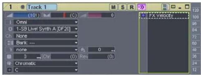 Track 1 (101) (C) 0 Omni 1-SB Live! Synth A [DF 20] None Bark: --- none 0 0 ... Chr (0) Rev (0) Chromatic C FX Velocity