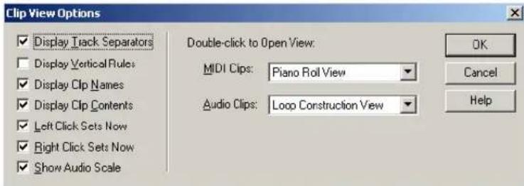 Clip View Options Display Track Separators Display Vertical Rules Display Clip Names Display Clip Contents Left Click Sets Now Right Click Sets Now Show Audio Scale Double-click to Open View: MIDI Clips: Piano Roll View Audio Clips: Loop Construction View OK Cancel Help