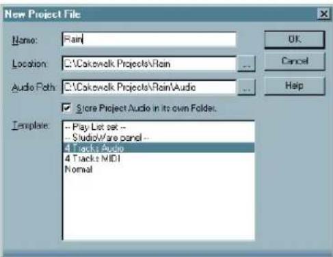 New Project File Name: Pain Location: C:\Cakovalk Projects\Rain Audio Path: C:\Cakovalk Projects\Rain\Audio ✓ Store Project Audio in its own Folder. Template: -- Play List set -- -- StudioWare panel -- 4 Tracks Audio 4 Tracks MIDI Normal