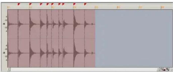Audio waveform display showing multiple sound waves with varying amplitudes and frequency across a 4x4 grid