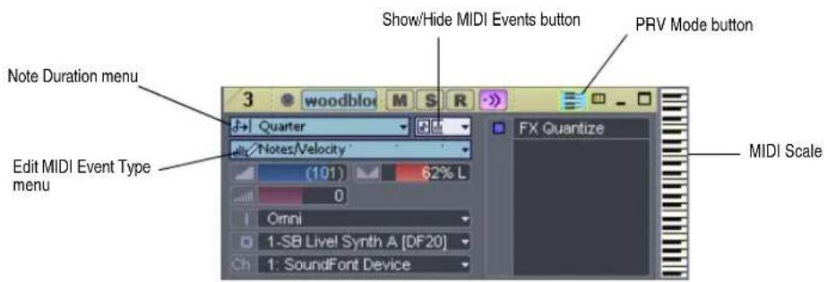 Show/Hide MIDI Events button PRV Mode button Note Duration menu Edit MIDI Event Type menu 3 woodblo M S R Quarter Notes/Velocity (101) 62% L FX Quantize Omni 1-SB Live! Synth A [DF20] Ch 1: SoundFont Device MIDI Scale