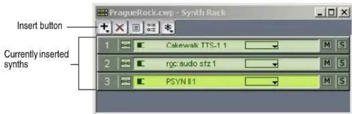 Insert button Currently inserted synths 1 Cakewalk TTS-1 1 M S 2 rgc:audio sfz 1 M S 3 PSYN II1 M S