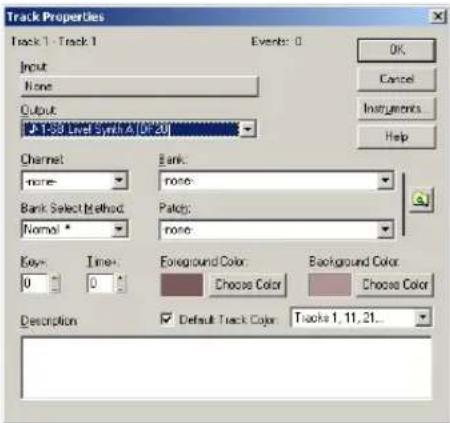 Track Properties Track 1 - Track 1 Events: 0 OK Cancel Instruments... Help Input None Output U-PSB Level Synthesis Of Our Channel: none: Bank: none: Bank Select Method: Normal: Patch: none: Key: Time: Foreground Color: Choose Color Background Color: Choose Color Description Default Track Color: Tracks 1, 11, 21...