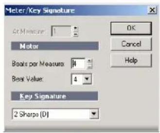 Meter/Key Signature At Measure: 1 Mater Books per Measure: 4 Best Value: 4 Key Signature 2 Sharpe (D) OK Cancel Help