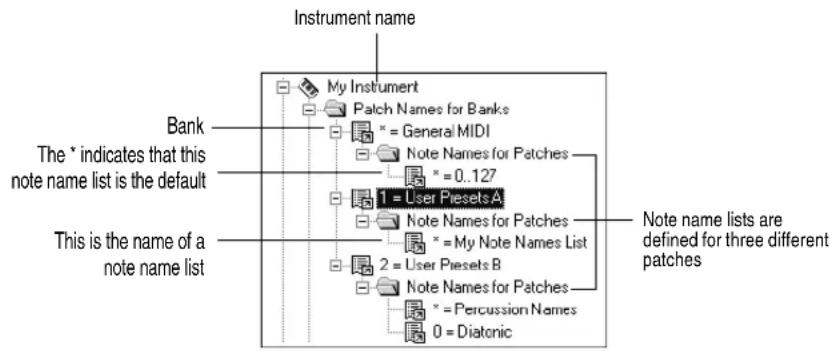 Instrument name My Instrument Patch Names for Banks * = General MIDI Note Names for Patches * = 0..127 1 = User Presets A Note Names for Patches * = My Note Names List 2 = User Presets B Note Names for Patches * = Percussion Names 0 = Diatonic The * indicates that this note name list is the default This is the name of a note name list Note name lists are defined for three different patches