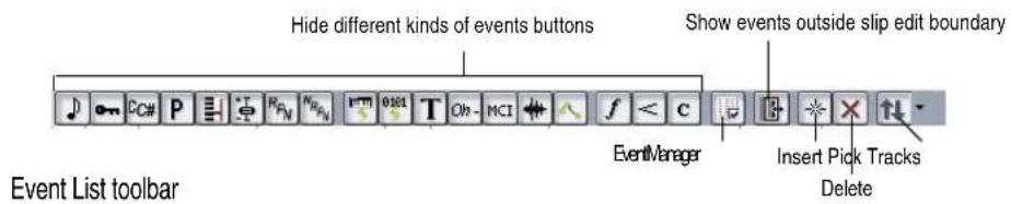 Hide different kinds of events buttons Show events outside slip edit boundary Event Manager Insert Pick Tracks Delete Event List toolbar