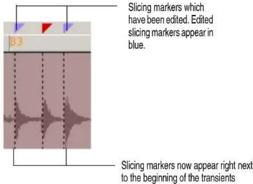 Slicing markers which have been edited. Edited slicing markers appear in blue. B3 Slicing markers now appear right next to the beginning of the transients