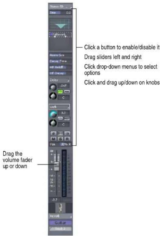 Drag the volume fader up or down Click a button to enable/disable it Drag sliders left and right Click drop-down menus to select options Click and drag up/down on knobs