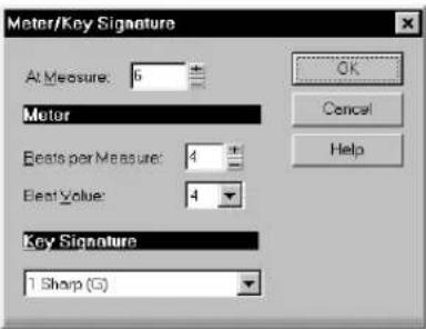 Meter/Key Signature At Measure: 6 Meter Beats per Measure: 4 Beat Value: 4 Key Signature 1 Sharp (G) OK Cancel Help