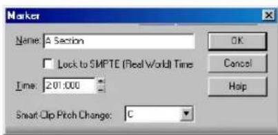Marker Name: A Section Lock to SMPTE (Real World) Time Time: 2:01:000 Smart Clip Pitch Change: C OK Cancel Help