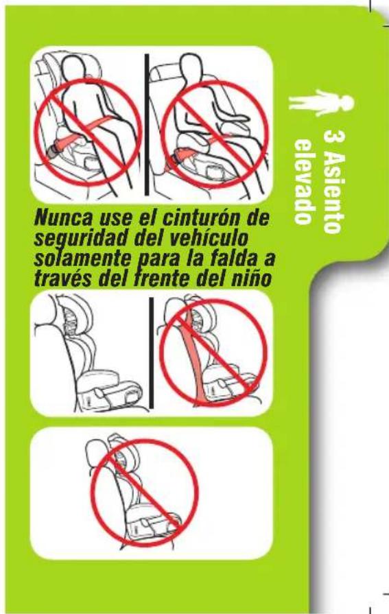 3 Asiento elevado Nunca use el cinturón de seguridad del vehículo solamente para la falda a través del frente del niño