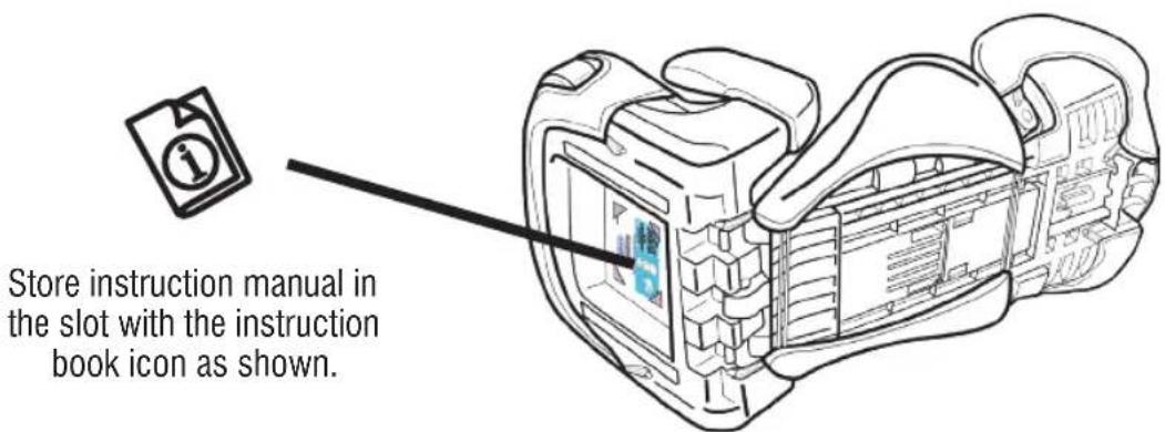 Store instruction manual in the slot with the instruction book icon as shown.