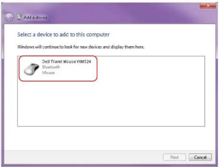 Add a device Select a device to add to this computer Windows will continue to look for new devices and display them here. Dell Travel Mouse WM524 Bluetooth Mouse Next Cancel