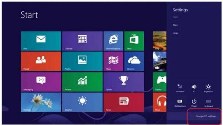 Start Settings Start Tiles Help Available 67 Brightness Notifications Power Keyboard Change PC settings