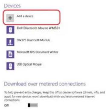 Devices Add a device Dell Bluetooth Mouse WMS2H DW375 Bluetooth Module Microsoft XP5 Document Writer USB Optical Mouse Download over metered connections To help prevent extra charges, keep this off so device software (drivers, info. and app) for new devices won't download while you're on metered Internet connections Off