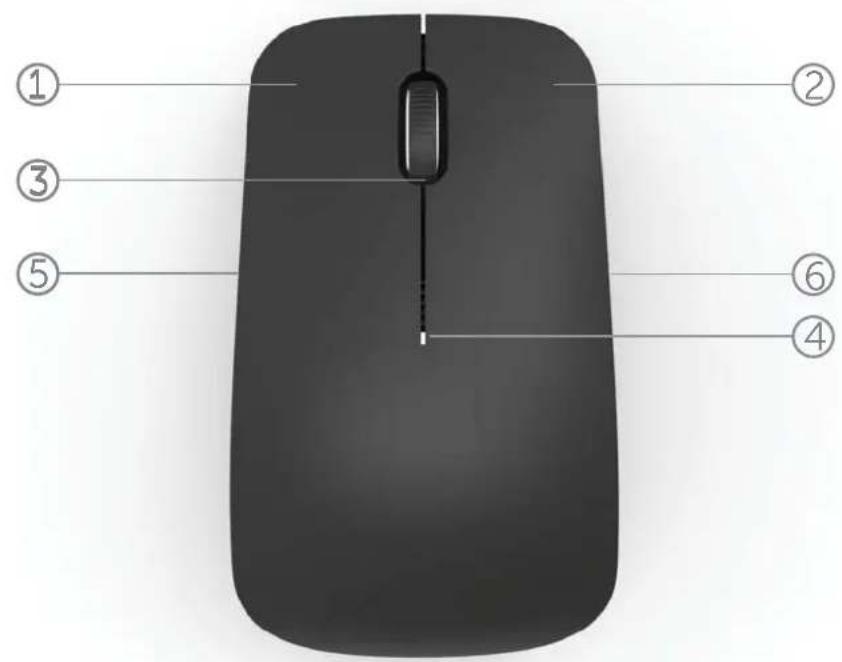 Diagram of a computer mouse with numbered parts labeled 1 through 6 for identification.