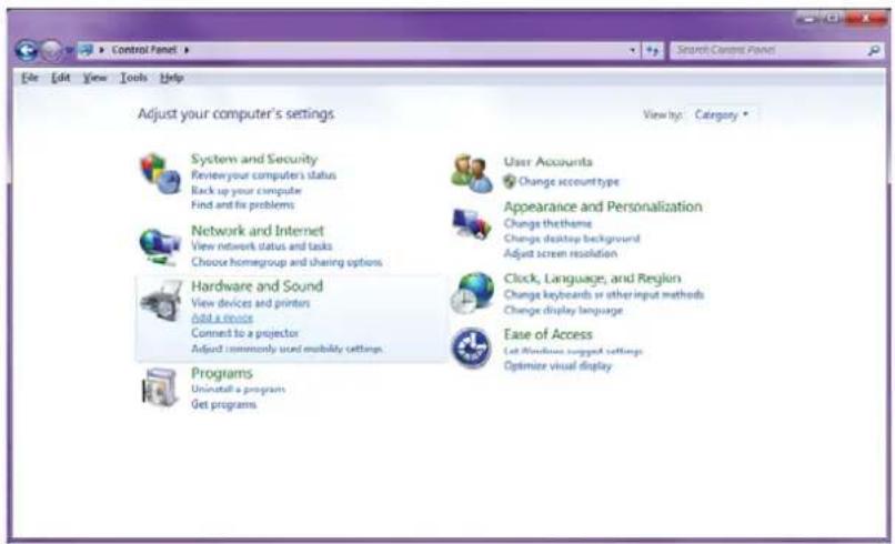 Control Panel File Edit View Tools Help Adjust your computer's settings View by: Category * System and Security Review your computer's status Back up your computer Find and fix problems Network and Internet View network status and tasks Choose homegroup and sharing options Hardware and Sound View devices and printers Add a service Connect to a projector Adjust commonly used mobility settings Programs Uninstall a program Get programs User Accounts Change account type Appearance and Personalization Change thethems Change desktop background Adjust screen resolution Clock, Language, and Region Change keyboards or other input methods Change display language Ease of Access Let Windows signed settings Optimize visual display