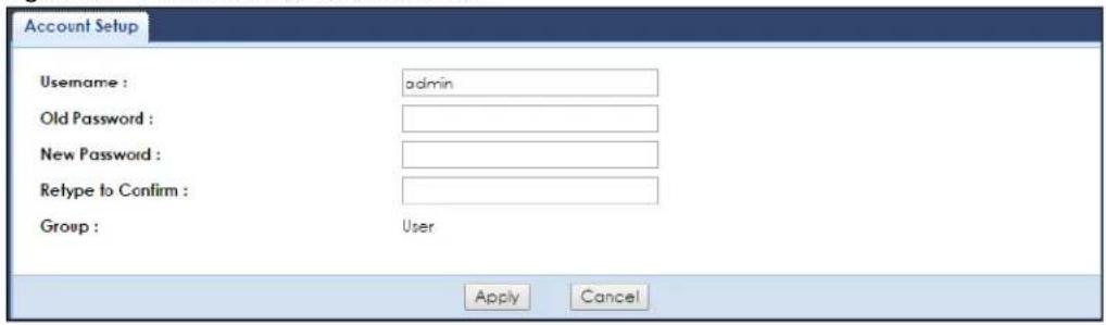 Account Setup Username : admin Old Password : New Password : Retype to Confirm : Group : User Apply Cancel